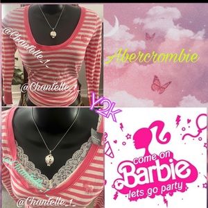 NWT Y2k Gorgeous Abercrombie scoop neckline top 3/4 sleeves striped Barbie Pink